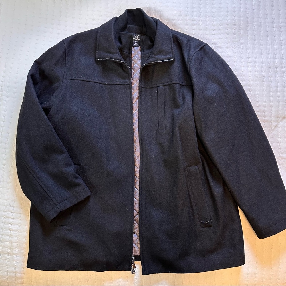 Calvin Klein men’s black wool overcoat.